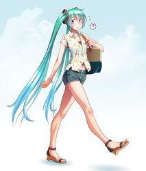  1girl ? aqua_hair bag bare_legs blue_sky clouds hair_ornament hatsune_miku highres long_hair looking_at_viewer navel shirt shorts shoulder_bag sky solo spoken_question_mark twintails very_long_hair vocaloid wokada 