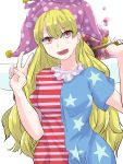  1girl american_flag american_flag_shirt blonde_hair blush clownpiece fairy_wings hat hineko jester_cap long_hair looking_at_viewer open_mouth polka_dot red_eyes simple_background smile solo star striped torch touhou v very_long_hair wings 