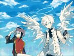  akina422 angel_wings clouds feathers halo highres short_hair sky smile white_hair wings 