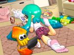  1girl a&amp;w amiibo aqua_hair cameo commentary_request doubutsu_no_mori feet food game_console grey_eyes handheld_game_console inkling kirby kirby_(series) long_hair looking_back lying mask nintendo nintendo_3ds on_stomach playing_games root_beer skirt socks soda splatoon squid super_smash_bros. super_soaker sweatdrop tanukino tentacle_hair tentacles toes violet_eyes water_gun weapon wii_u 