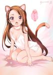  1girl :o animal_ears arm_support bangs bare_legs barefoot bow bracelet brown_hair camisole cat_ears cat_tail earrings hair_bow hairband idolmaster inoue_sora jewelry leaning_forward long_hair looking_at_viewer minase_iori open_mouth panties pink_eyes pink_panties print_panties sitting small_breasts solo swept_bangs tail twitter_username underwear underwear_only wariza 
