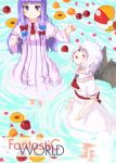  2girls apple ascot ball bat_wings beachball blush bow capelet closed_eyes dress english fang flower food fruit hair_bow hair_ornament kujou_natsume long_hair long_sleeves multiple_girls no_hat open_mouth orange partially_submerged patchouli_knowledge petals pointy_ears puffy_sleeves purple_hair remilia_scarlet ribbon sash shirt short_hair short_sleeves silver_hair skirt skirt_set smile striped striped_dress text touhou vest violet_eyes water wide_sleeves wings 