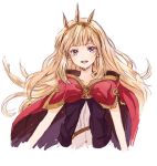  1girl :d blonde_hair bow cagliostro_(granblue_fantasy) cape collarbone gb_hm granblue_fantasy hairband long_hair open_mouth red_bow simple_background smile solo upper_body violet_eyes white_background 