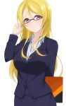  1girl adjusting_glasses ayase_eli bespectacled blazer blonde_hair blush breasts chimunge collarbone formal glasses grey_eyes large_breasts long_hair long_sleeves looking_at_viewer love_live!_school_idol_project red-framed_glasses shirt skirt skirt_set smile solo very_long_hair 