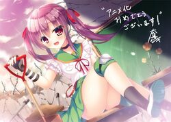  1girl blush ebisuzawa_kurumi fingerless_gloves gakkou_gurashi! gloves knee_pads long_hair looking_at_viewer open_mouth purple_hair school_uniform shovel skirt smile solo tagme twintails very_long_hair violet_eyes worktool 