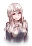  1girl blonde_hair blood blood_on_face bloody_clothes dress grey_dress irudana long_hair looking_at_viewer original red_eyes silver_hair smile solo upper_body 