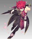  1boy asymmetrical_clothes belt black_gloves black_pants black_shoes butterfly elsword elsword_(character) full_body gloves grey_background grin male_focus messy_hair pants pika_(kai9464) red_eyes redhead shoes smile solo sword weapon 