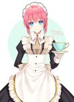 1girl blue_eyes breasts closers cup looking_at_viewer maid pink_hair seulbi_lee short_hair smile solo srb7606 teacup 