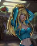  alternate_costume blue_eyes chubymi long_hair metroid metroid_(creature) ponytail samus_aran varia_suit 