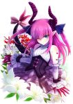  1girl ;) corset fate/extra fate/extra_ccc fate/grand_order fate_(series) flower horns lancer_(fate/extra_ccc) one_eye_closed pink_hair ribbon smile tail tail_ribbon yude 