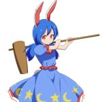  1girl animal_ears blue_dress blue_hair bunny_tail cato_(monocatienus) commentary_request crescent dress kine looking_at_viewer low_twintails puffy_short_sleeves puffy_sleeves rabbit_ears red_eyes seiran_(touhou) short_sleeves simple_background solo star tail touhou twintails white_background 