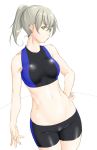  1girl bike_shorts blonde_hair breasts commentary_request crop_top green_eyes hand_on_hip highres looking_at_viewer midriff niwatazumi original ponytail smile 