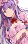  1girl blush bow breast_rest breasts capelet cleavage_cutout colored dutch_angle hair_bow hair_ornament hat highres kayahara_(kayaka) long_hair long_sleeves looking_at_viewer mob_cap parted_lips patchouli_knowledge purple_hair sketch solo tears touhou violet_eyes 