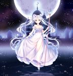  bead_bracelet bishoujo_senshi_sailor_moon blue_eyes breasts castle cleavage crescent dated double_bun dress earrings facial_mark flower forehead_mark hair_flower hair_ornament jewelry moon princess_serenity ripples signature sky staff star_(sky) starry_sky strapless_dress tsukino_usagi twintails white_dress white_hair wingsie 