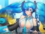  1girl bare_shoulders blonde_hair blue_eyes blue_hair blush breasts center_opening cleavage cosplay detached_sleeves gradient_hair hatsune_miku hatsune_miku_(cosplay) headphones headset k_jin large_breasts league_of_legends long_hair looking_at_viewer multicolored_hair necktie open_mouth skirt solo sona_buvelle twintails very_long_hair vocaloid 