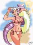  bangle bikini blue_eyes bracelet breasts cleavage dark_skin earrings front-tie_bikini front-tie_top groin hoop_earrings innertube jewelry long_hair navel pointy_ears ponytail purple_hair samanator_club shantae shantae_(character) side-tie_bikini sunglasses sunglasses_on_head swimsuit tiara very_long_hair 