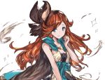  1girl bare_shoulders blue_eyes breasts cape cleavage collarbone granblue_fantasy hairband long_hair looking_away looking_to_the_side moko_(alice) redhead sara_(granblue_fantasy) simple_background smile solo sparkle upper_body white_background 
