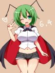  1girl ;d antennae blush breasts cape cutoffs green_eyes green_hair haniwagi_(hal) heart large_breasts looking_at_viewer navel one_eye_closed open_mouth short_hair short_shorts shorts simple_background smile solo thighs touhou w wriggle_nightbug 