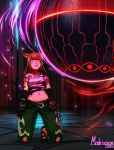  1girl animal_ears bare_shoulders boots breasts brown_hair cat_ears elbow_gloves final_fantasy final_fantasy_xiv fingerless_gloves gloves highres hypnosis jewelry kneeling long_hair lowleg lowleg_pants midriff mind_control miqo&#039;te multiple_belts navel necklace neon_trim nitrotitan orb original pants parted_lips pearl_necklace single_strap solo tank_top tattoo toeless_boots toes wide_hips 