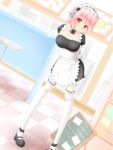 1girl alternate_costume apron arms_behind_back blush breasts commentary_request enmaided frills headphones highres large_breasts long_hair looking_at_viewer maid maid_headdress nitroplus noppi_(noppi_98) pink_hair red_eyes smile solo super_sonico thigh-highs tray 