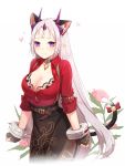  1girl animal_ears artist_name belt blush breasts cat_ears cat_tail cleavage closers collar fingerless_gloves flower gloves heart large_breasts levia_(closers) long_hair looking_at_viewer millgua ofuda pointy_ears side_slit silver_hair skirt solo tail very_long_hair violet_eyes 