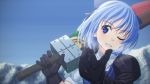  1girl advent_cirno black_gloves blue_dress blue_hair blue_sky blush boko_(maniacpurple) cirno dress gloves grin hand_gesture holding_sword holding_weapon mountain one_eye_closed short_hair side_glance single_glove sky smile solo sword tagme touhou upper_body weapon 