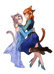  2girls absurdres animal_ears anna_(frozen) blonde_hair blush cat_ears cat_tail couple elsa_(frozen) eye_contact frozen_(disney) hands_on_shoulders high_heels highres hug incest kemonomimi_mode looking_at_another m_yin multiple_girls orange_hair siblings simple_background sisters sitting sitting_on_lap sitting_on_person smirk straddling tail white_background yuri 