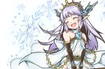  1girl :d ^_^ bare_shoulders blue_rose blush bridal_gauntlets closed_eyes collarbone crystal dress flower granblue_fantasy hachimae_nana hairband highres lily_(granblue_fantasy) long_hair open_mouth pointy_ears purple_hair rose smile snowflakes solo tiara upper_body white_dress 