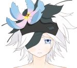  1girl blue_eyes crying crying_with_eyes_open eyepatch flower fremy_speeddraw hair_flower hair_ornament hairband highres looking_at_viewer portrait rokka_no_yuusha short_hair simple_background solo tears white_background white_hair 