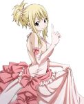  1girl black_eyes blonde_hair breasts dress elbow_gloves fairy_tail gloves hair_ornament index_finger_raised looking_at_viewer lucy_heartfilia pink_dress sideboob smile solo transparent_background 