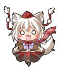  1girl :3 animal_ears black_legwear blush_stickers chibi detached_sleeves fang gift hat inubashiri_momiji o_o open_mouth scarf short_hair silver_hair simple_background solo syao tail thigh-highs tokin_hat touhou white_background wolf_ears wolf_tail 