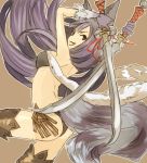  &gt;:3 &gt;:d 1girl :3 :d advent-lezard animal_ears arms_behind_head arms_up ass bare_shoulders black_gloves brown_background fang fox_ears fox_tail from_behind gloves granblue_fantasy holding holding_sword holding_weapon long_hair looking_back open_mouth outline purple_hair red_eyes simple_background smile solo sword tail thigh-highs weapon yuel_(granblue_fantasy) 