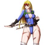  1girl alternate_costume alternate_hairstyle antenna_hair belt breasts cammy_white cleavage clenched_hand dated fighting_stance fingerless_gloves gloves goggles goggles_on_head hair_down highleg highleg_leotard kashoukou leotard long_sleeves scar solo street_fighter street_fighter_v unzipped 