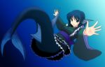  1girl blue_eyes blue_hair commentary_request gomi_(gomitin) head_fins japanese_clothes kimono long_sleeves looking_at_viewer mermaid monster_girl obi sash short_hair smile solo touhou underwater wakasagihime wide_sleeves 