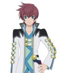  1boy artist_request asbel_lhant blue_eyes brown_hair coat cowboy_shot hand_on_hip male_focus official_art shirt smile solo tales_of_(series) tales_of_graces white_background 