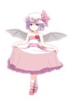  1girl alternate_costume aura bare_shoulders bat_wings blue_hair bow curtsey dress flower_ornament frilled_dress frills hat hat_bow highres kugi_(kugi-xiv) mary_janes mob_cap pink_dress pink_legwear red_eyes remilia_scarlet shoes short_hair simple_background socks solo strapless_dress touhou white_background wings 