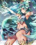 1girl armlet blue_eyes breasts caesty character_request elbow_gloves gloves green_hair lips long_hair magic midriff navel nose sideboob skirt smile solo tenkuu_no_crystalia tiara very_long_hair water waves white_gloves 