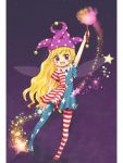  1girl american_flag_legwear american_flag_shirt blonde_hair blush_stickers clownpiece fairy_wings hand_up hat jester_cap long_hair open_mouth rainbow_order smile solo space sparkle star tona_(nekotte) torch touhou very_long_hair violet_eyes wings 