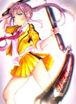  1girl blue_eyes highres injury natsui_tuna necktie nunchaku original parted_lips pleated_skirt purple_hair skirt solo twintails weapon 