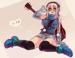  1girl bespectacled black_legwear blush breasts glasses guitar headphones instrument kneehighs large_breasts long_hair looking_at_viewer nitroplus open_mouth pink_hair pom_pom_(clothes) red_eyes ribbed_sweater short_shorts shorts siori smile solo super_sonico sweater sweater_vest 