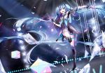  1girl absurdly_long_hair amatsukiryoyu blue_eyes blue_hair floating_hair gloves hatsune_miku long_hair outstretched_arm solo standing_on_one_leg thigh-highs twintails very_long_hair vocaloid 