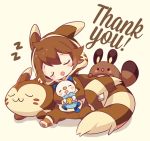  1boy brown_hair cosplay drooling furret kigurumi oshawott pokemon pokemon_(creature) pokemon_(game) pokemon_bw sentret short_hair sleeping touya_(pokemon) welchino 