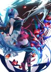  1girl 7th_dragon 7th_dragon_(series) 7th_dragon_2020 7th_dragon_2020-ii absurdly_long_hair aqua_hair closed_eyes floating_hair hatsune_miku headphones highres long_hair open_mouth petals skirt solo thigh-highs twintails very_long_hair vocaloid 