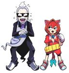  1boy 1girl animal_ears apron candy_bar cat_ears chocoboo full_body gashi-gashi gloves hooded_jacket jibanyan long_hair looking_at_viewer multiple_tails notched_ear open_mouth personification purple_lips simple_background standing tablet_pc tail tailcoat two_tails whisper_(youkai_watch) white_background white_gloves white_hair youkai_pad youkai_watch 