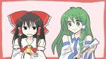  &gt;:) 2girls annoyed blush border brown_eyes brown_hair commentary_request crossed_arms detached_sleeves green_eyes green_hair hakurei_reimu kiritani_(marginal) kochiya_sanae long_hair multiple_girls red_border touhou very_long_hair 