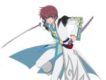  1boy artist_request asbel_lhant blue_eyes brown_hair coat cowboy_shot male_focus official_art pants scabbard serious sheath shirt shoes solo sword tales_of_(series) tales_of_graces weapon white_background white_pants white_shoes 