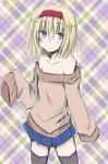  1girl alice_margatroid bare_shoulders blue_eyes blush colored flat_chest looking_at_viewer no_nose short_hair skirt sleeves_past_wrists solo sweater thigh-highs touhou 