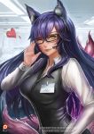  1girl ahri badcompzero blue_hair breasts facial_mark fangs glasses headset heart large_breasts league_of_legends looking_at_viewer multiple_tails name_tag office_lady one_eye_closed smile solo tail yellow_eyes 