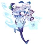  &gt;_&lt; 1girl :d absurdres animal_ears bird blue_eyes blue_skin closed_eyes fake_animal_ears full_body green_eyes highres jewelry lantern multicolored_eyes necklace no_shoes open_mouth original pantyhose penguin running smile snowflake_print white_hair wingsie xd 