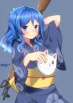  1girl blue_eyes blue_hair gun highres japanese_clothes kantai_collection kimono mask nebu_soku rifle urakaze_(kantai_collection) weapon yukata 